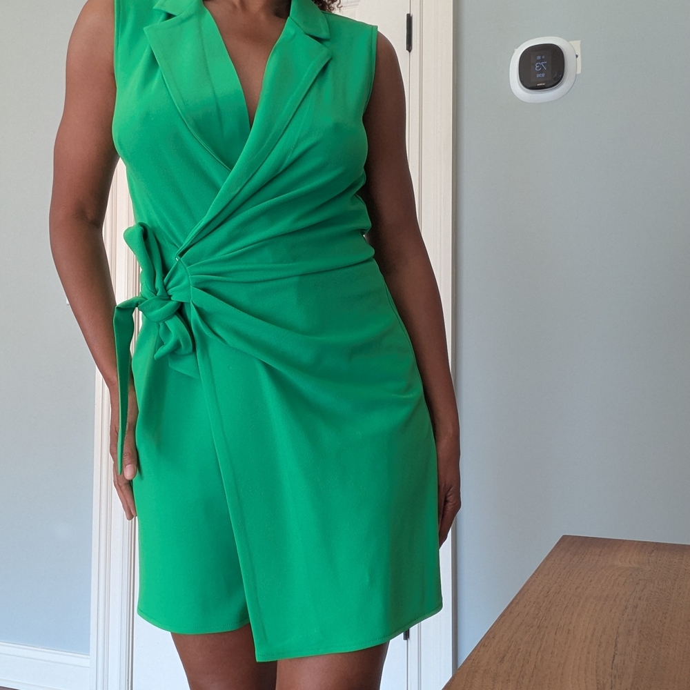 London Times Green Ruched Tie Front Mini Dress